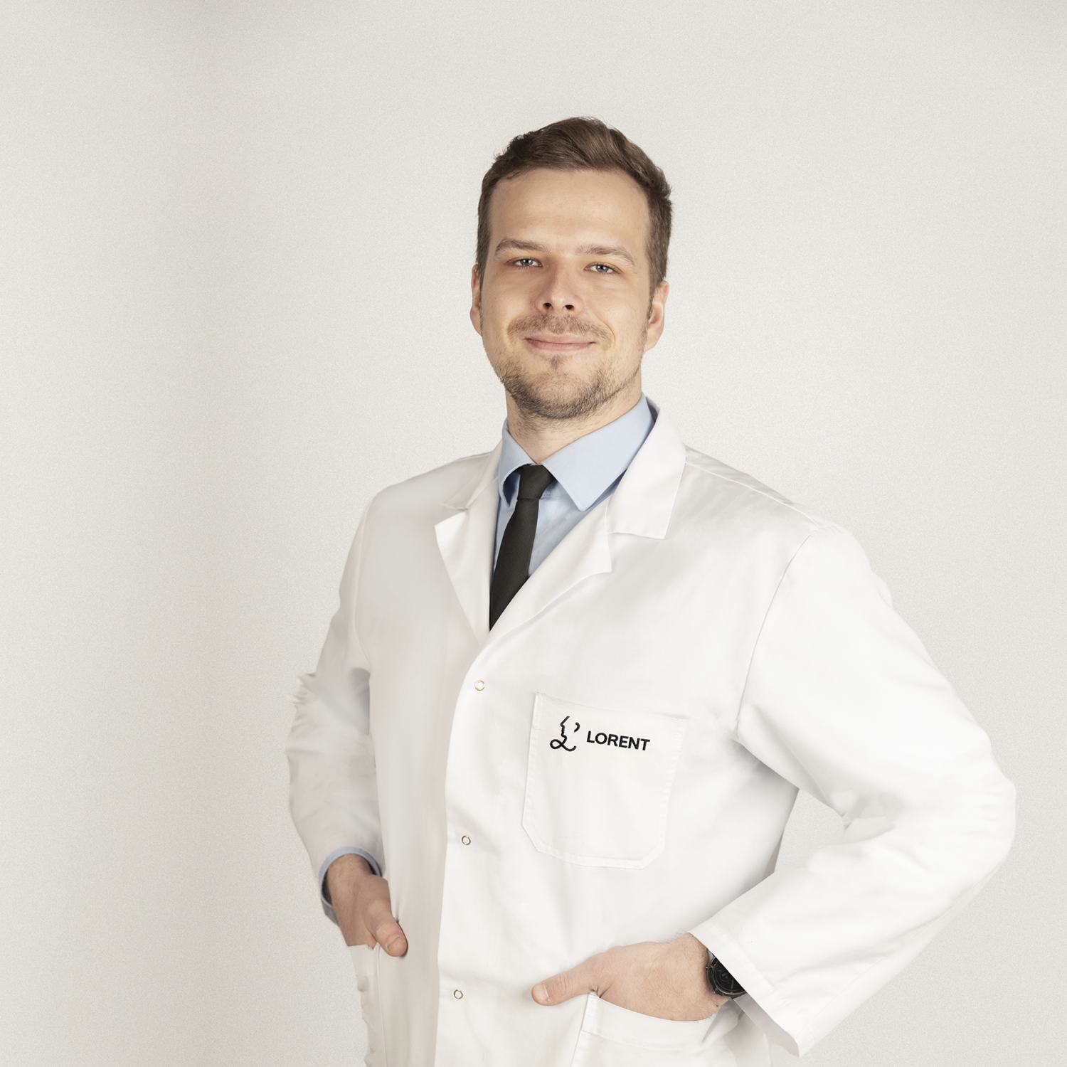 A doctor in a Lorent-branded coat