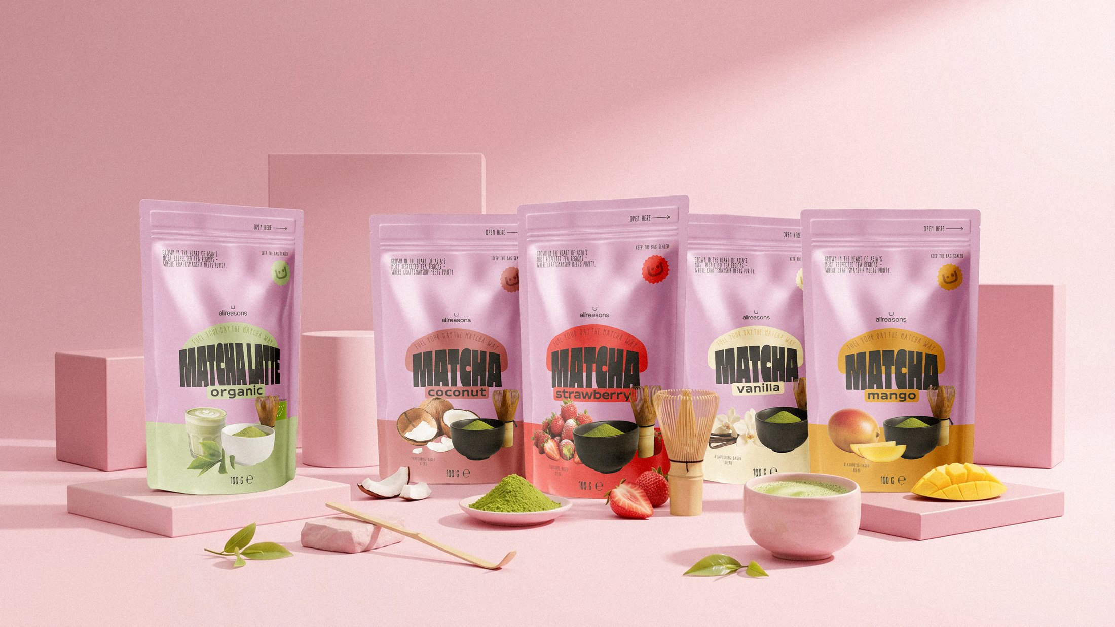 The flavour matcha line — five pouches in a pink still life